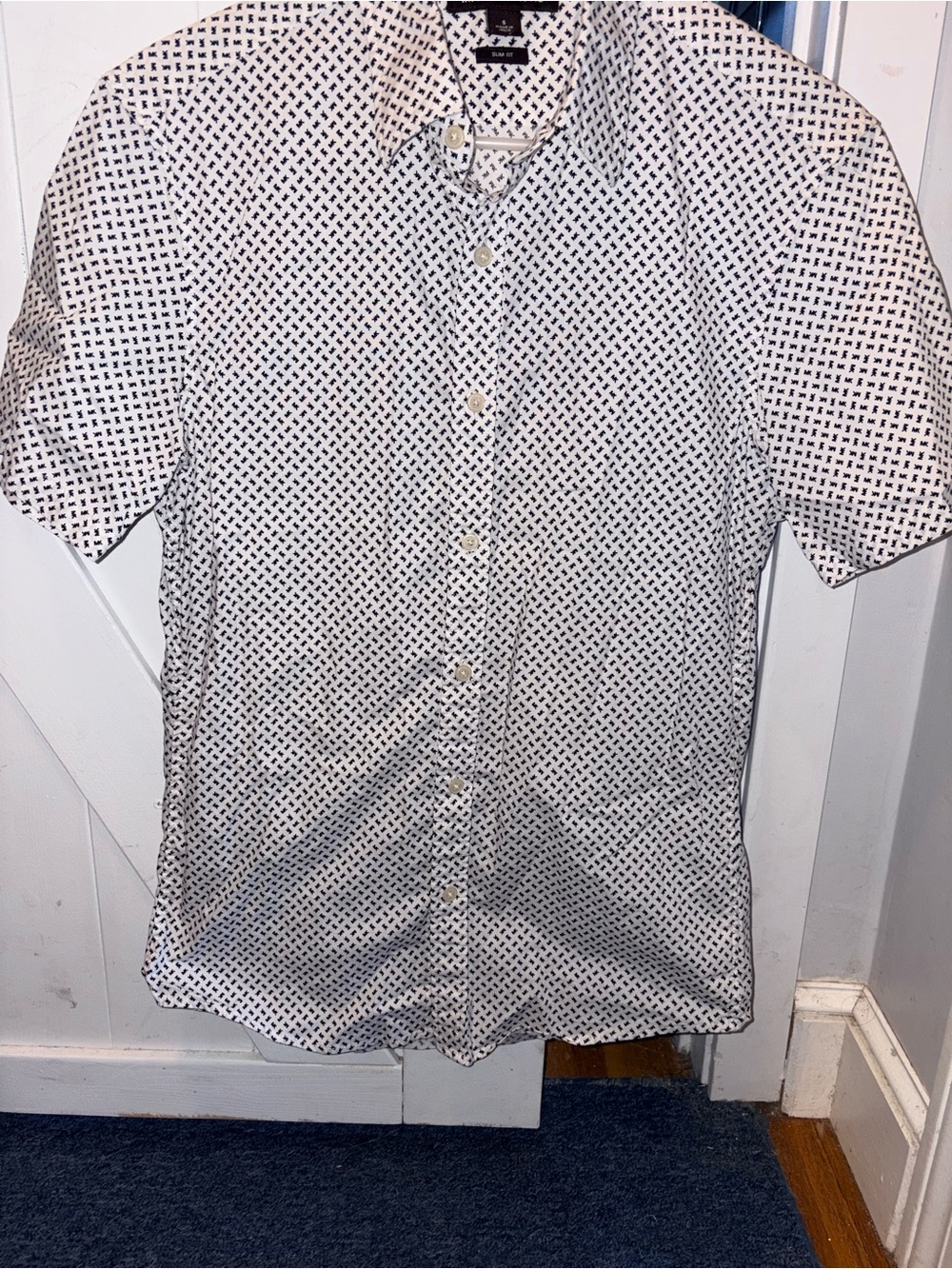 Men's MK White Short-Sleeve Button-Up Shirt with Micro Print